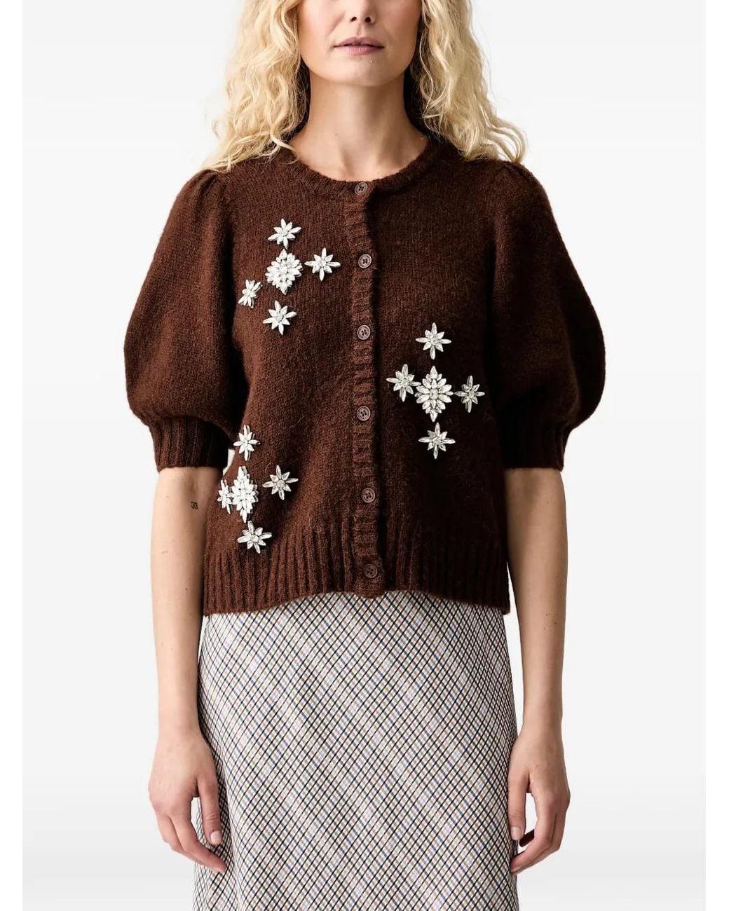 Munthe Brown Vocca Crystal-Embellished Puff-Sleeve Cardigan