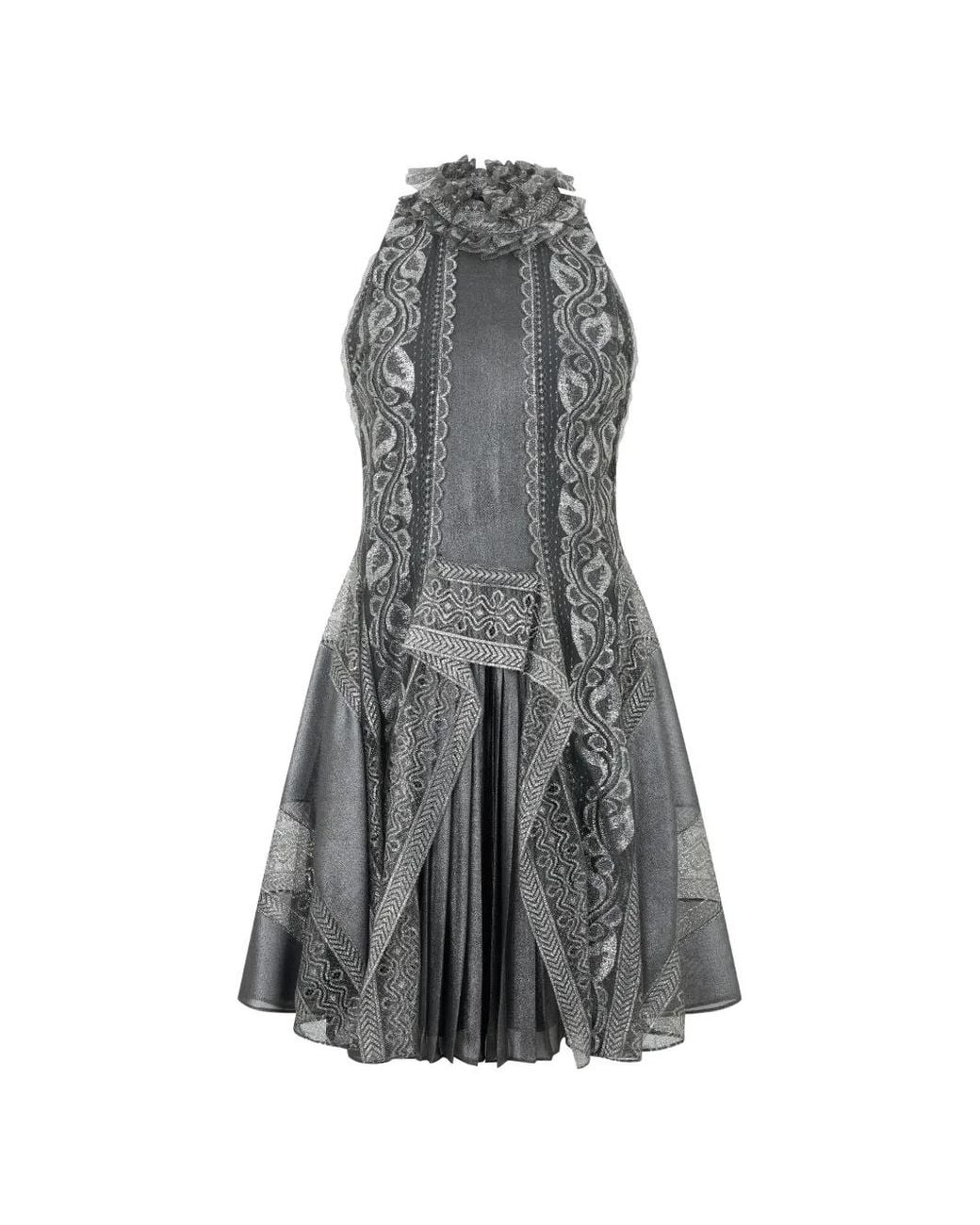 Alberta Ferretti Gray Ruffled-Neck Pleated Mini Dress