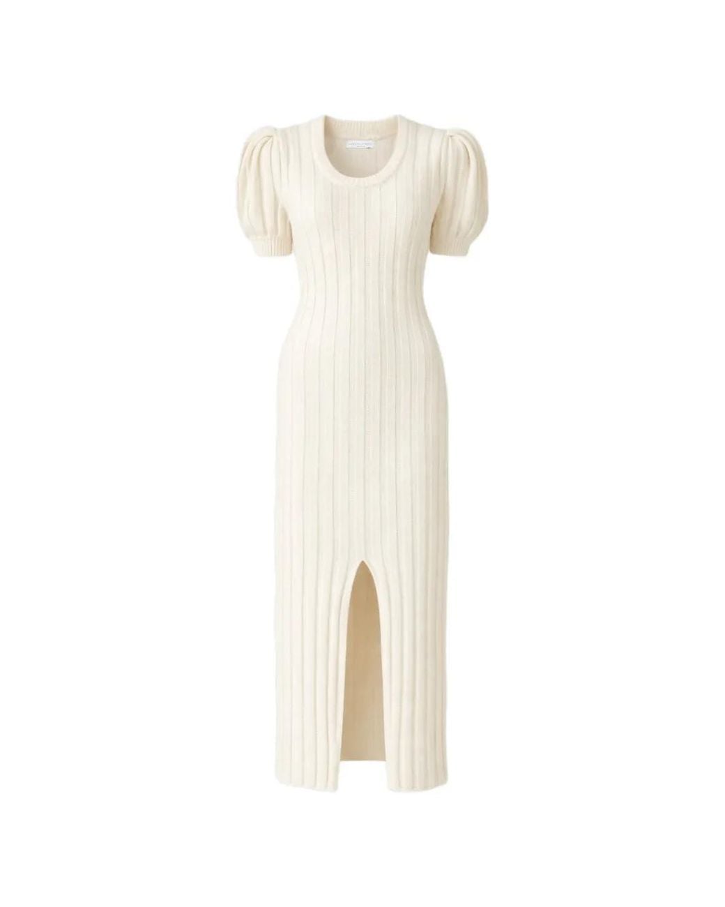Violante Nessi White Ribbed-Knit Puff-Sleeve Midi Dress