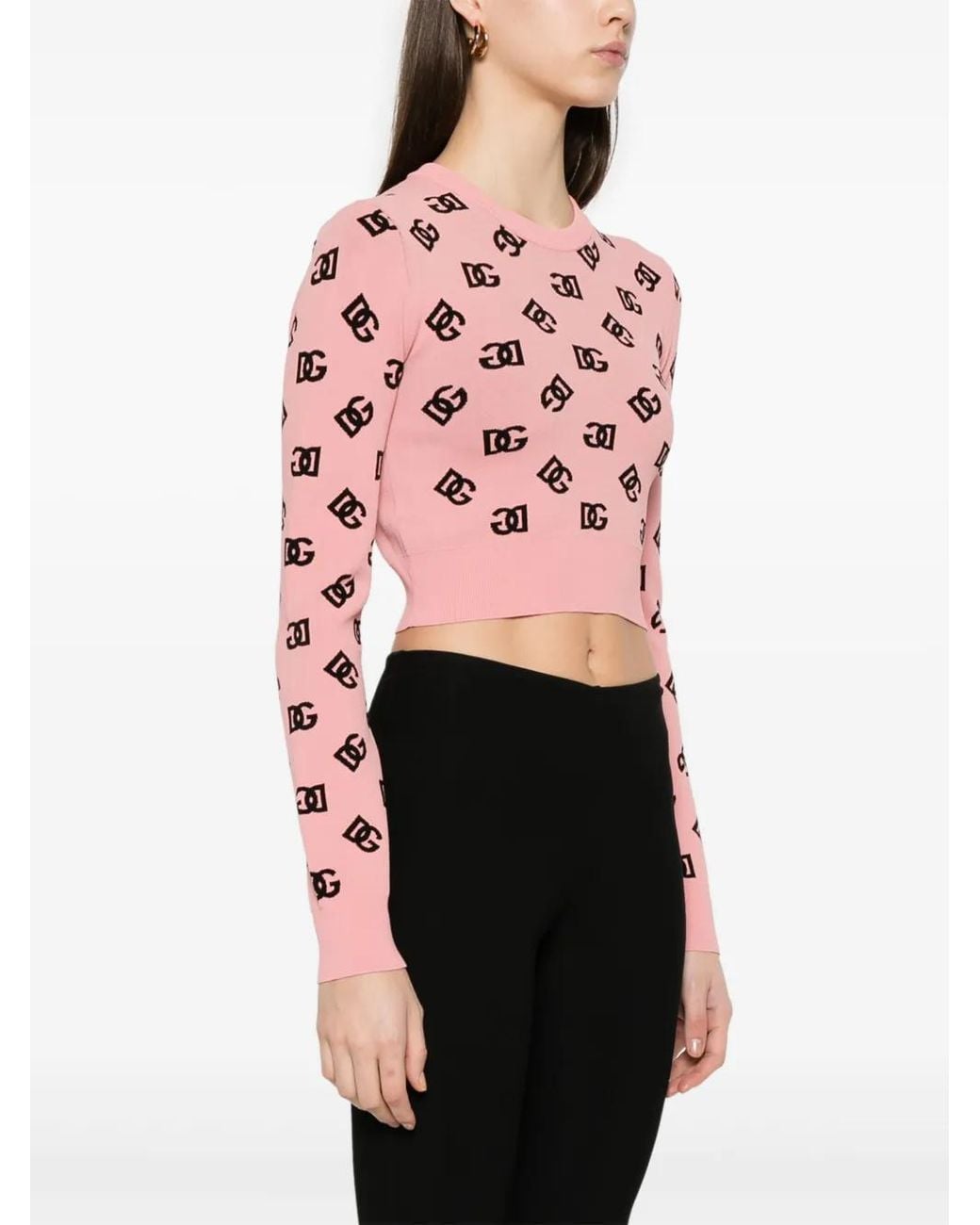 Dolce & Gabbana Pink Crop Sweater With All-Over Printed Dg Logo