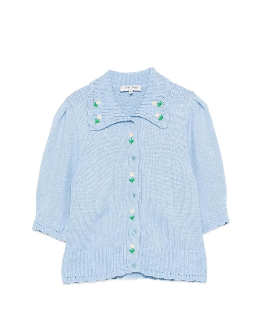 Stine Goya Blue Floral-Embroidered Puff-Sleeve Cardigan