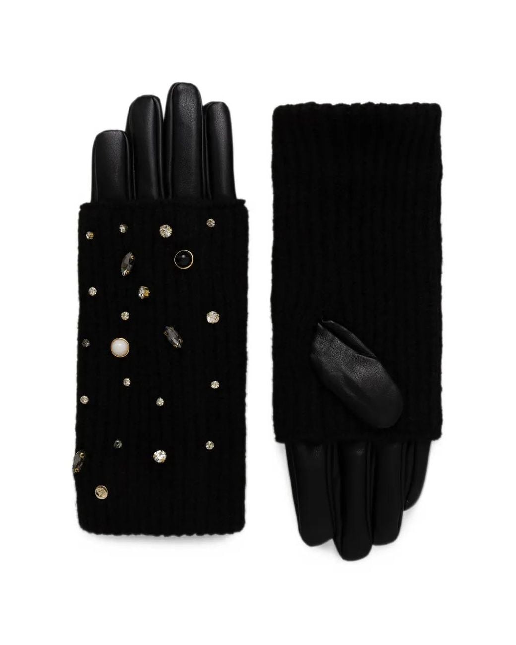 Lola Casademunt Black Crystal-Embellished Ribbed-Knit Gloves