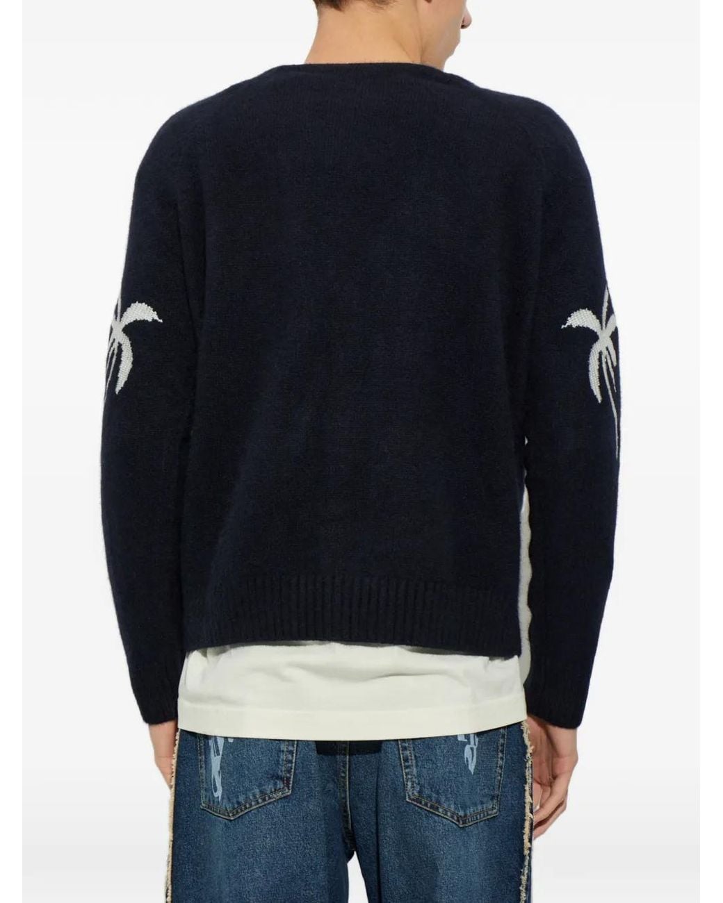 Palm Angels Blue Logo-Patch Intarsia-Knit Cardigan for men