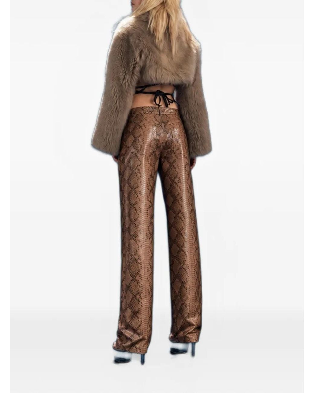 Heira Leatherwear Brown Medusa Low-Rise Snakeskin-Embossed Leather Trousers