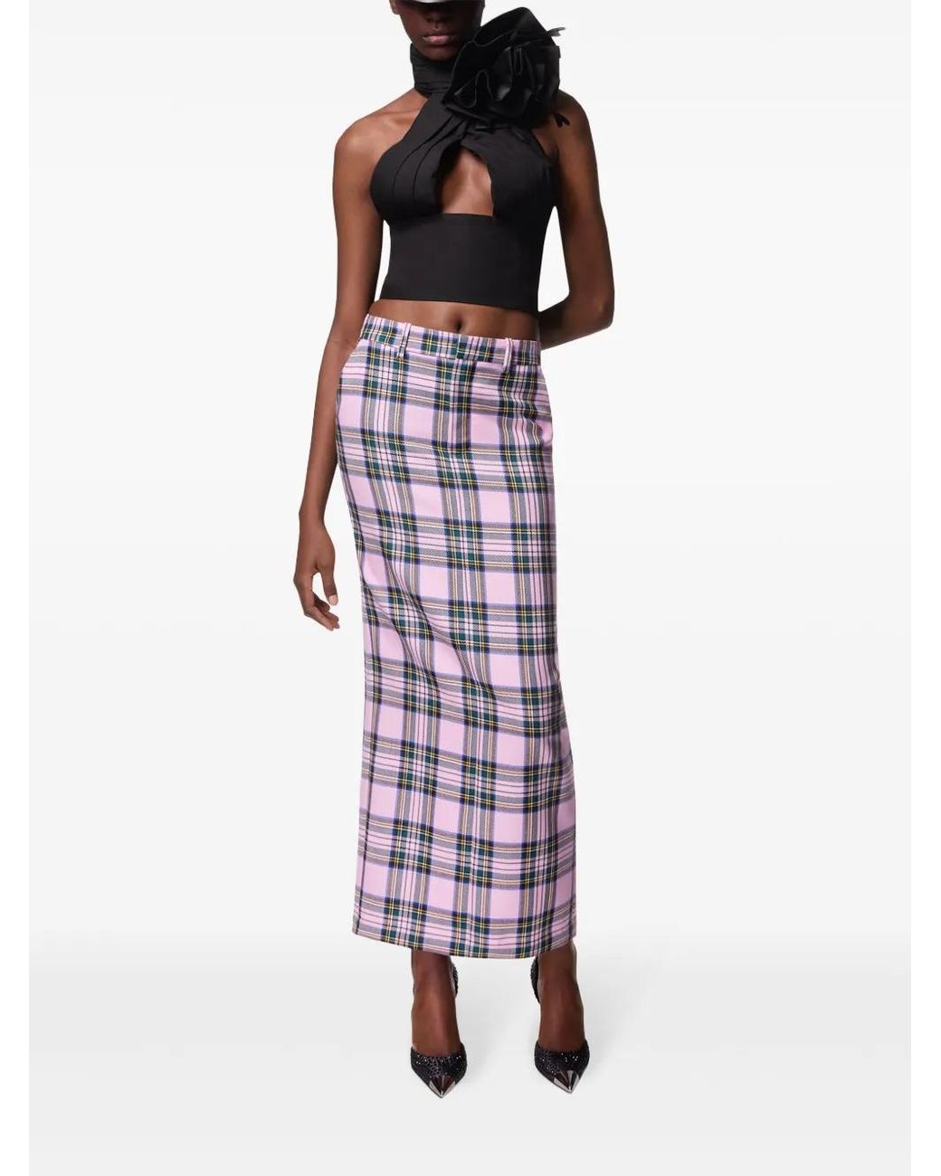 Area Pink Checked Wool Midi Skirt