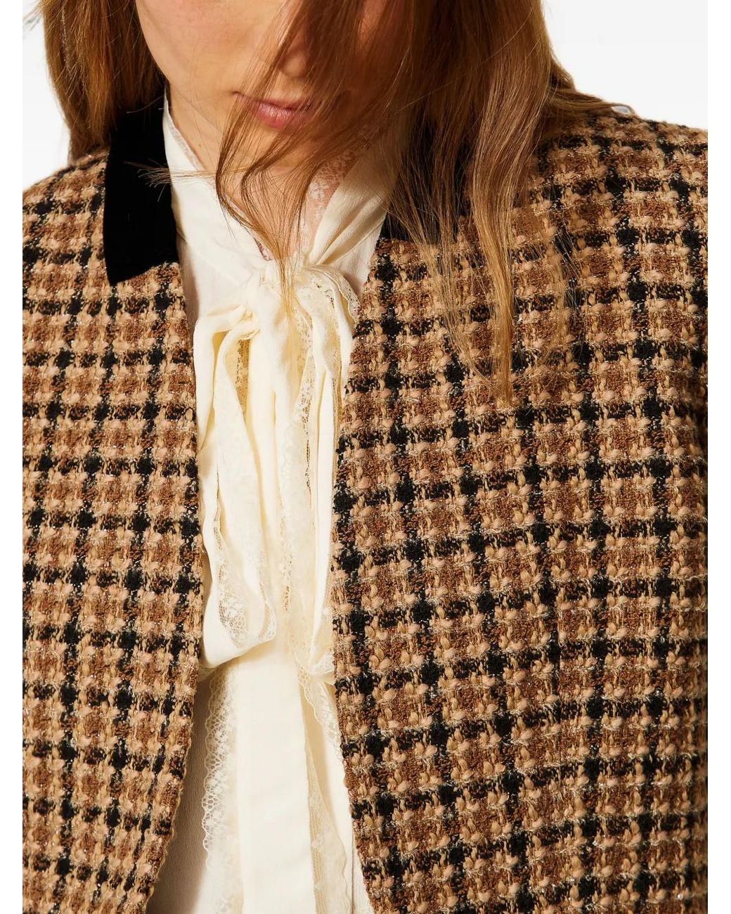 Twinset Brown Veste Spencer À Carreaux En Tweed