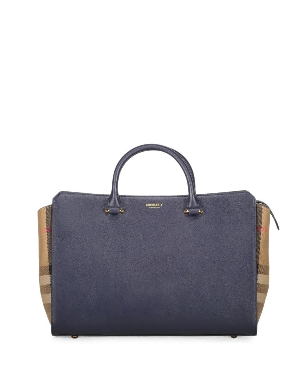 Burberry Blue Check-Panel Leather Tote Bag