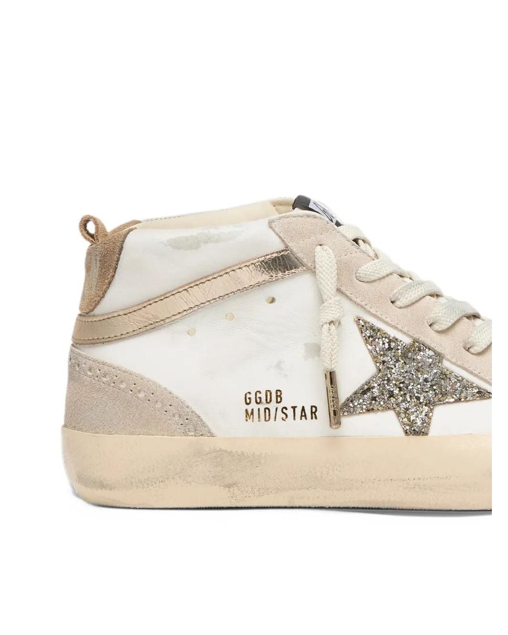 Golden Goose Deluxe Brand White Mid-Star Leather-Upper Glitter-Star Laminated-Wave Suede-Heel-And-Spur Sneakers