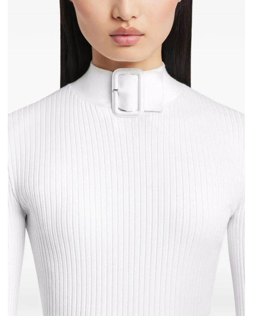 Courreges White Buckle-Neck Ribbed Sweater