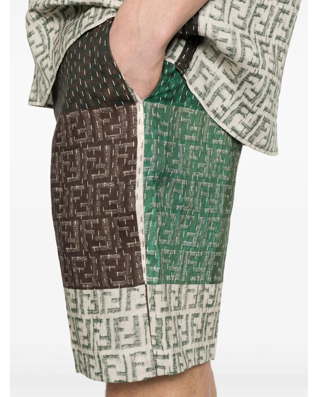 Fendi Multicolor Patchwork Pattern Ff Linen Bermudas for men