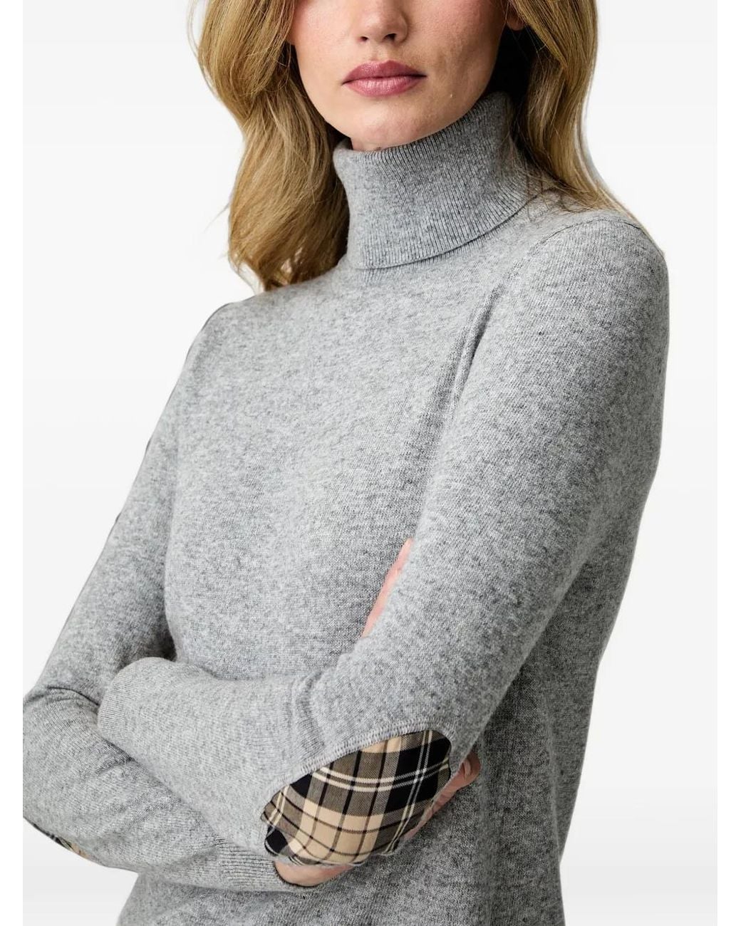 Barbour Gray Pendle Tartan-Patch Roll-Neck Sweater