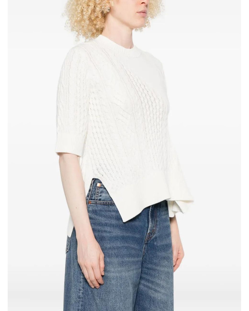 Sacai White Cable-Knit Flared Top