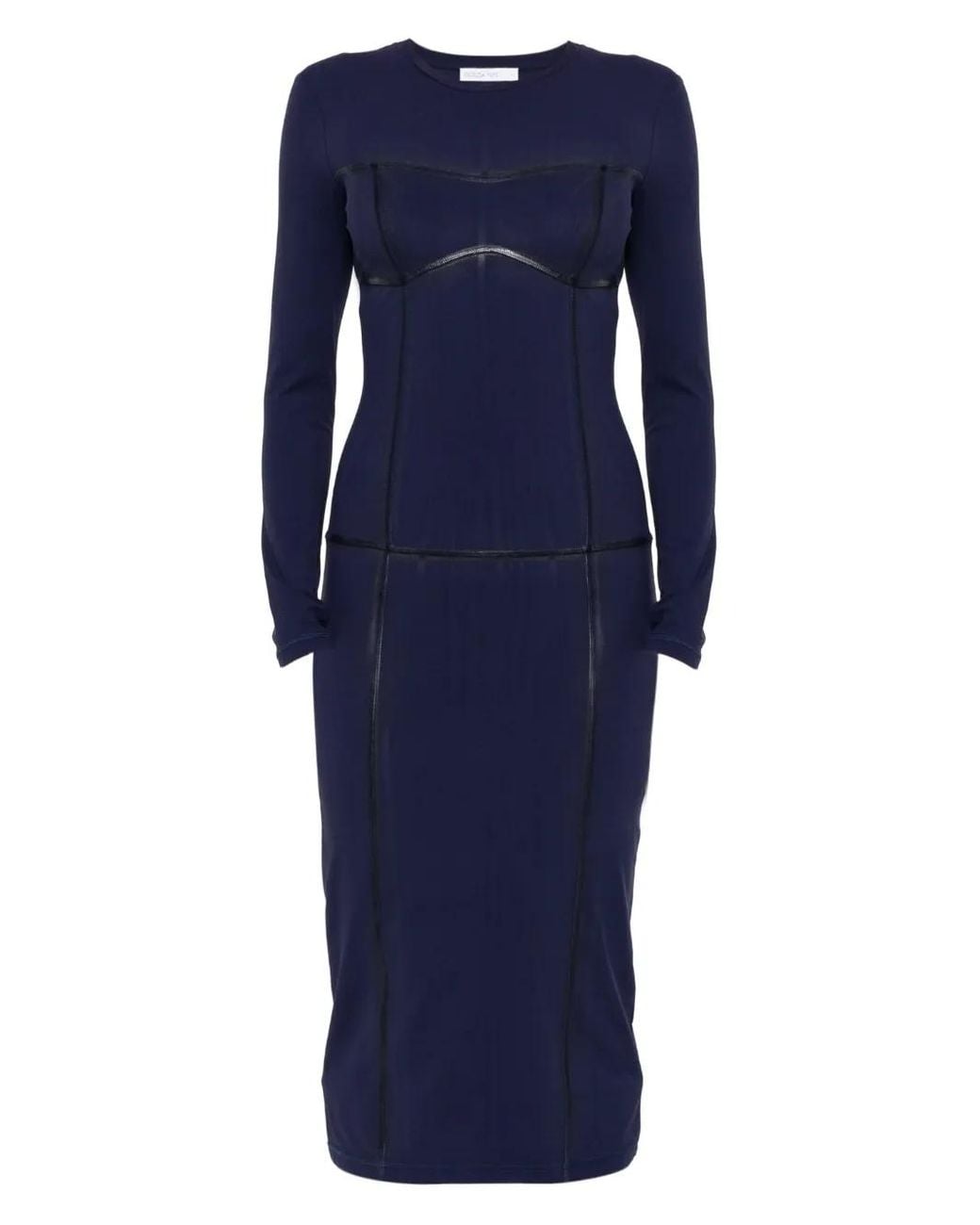 Patrizia Pepe Blue Long-Sleeved Leather-Trimmed Sheath Dress