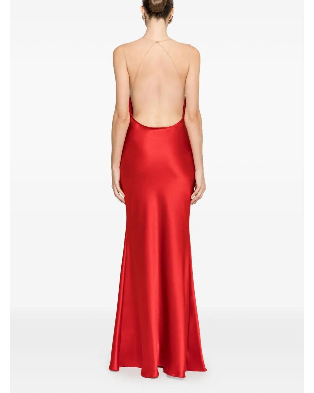Nissa Red Fringe Satin Maxi Dress