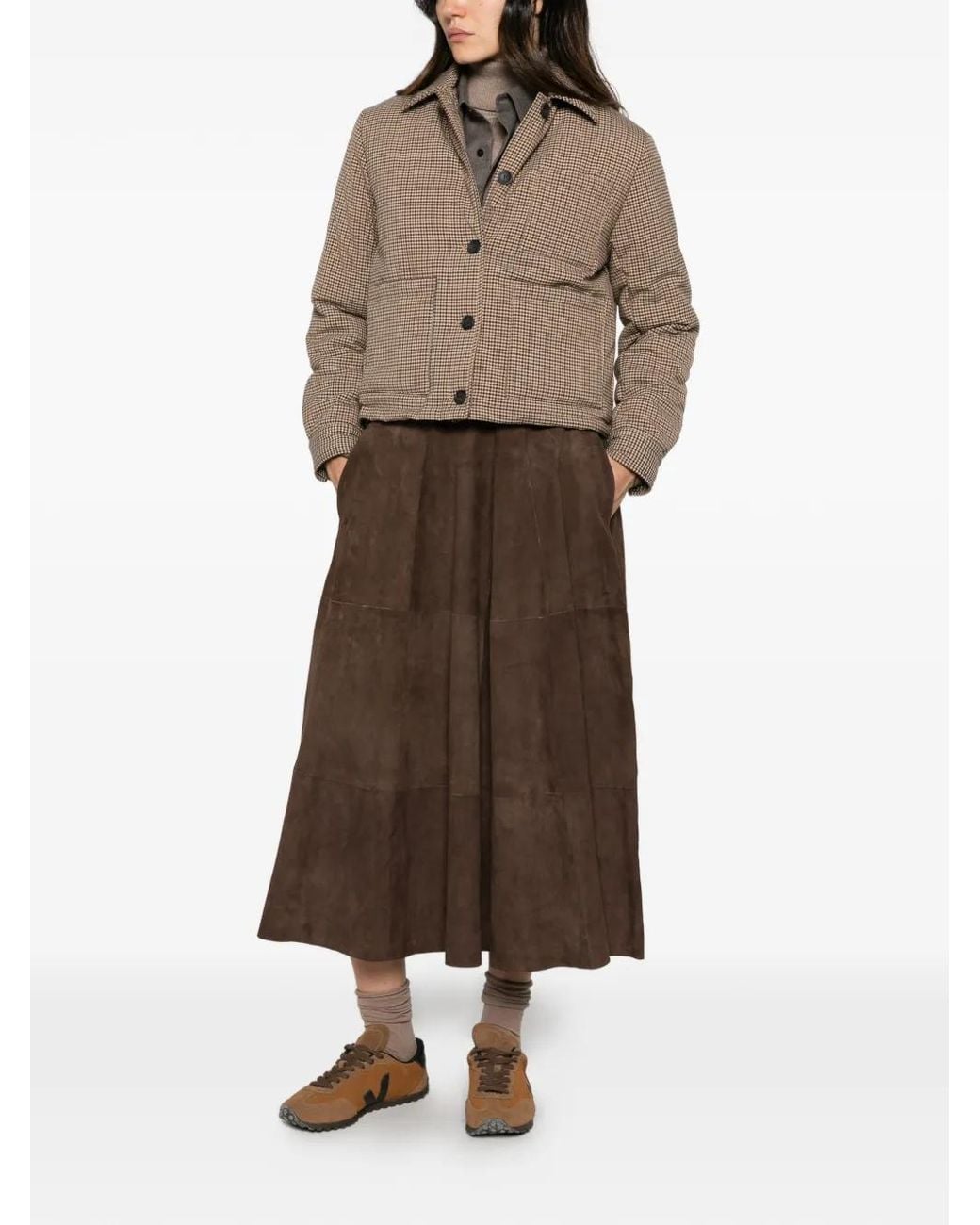 White Sand Brown Check-Pattern Cropped Jacket