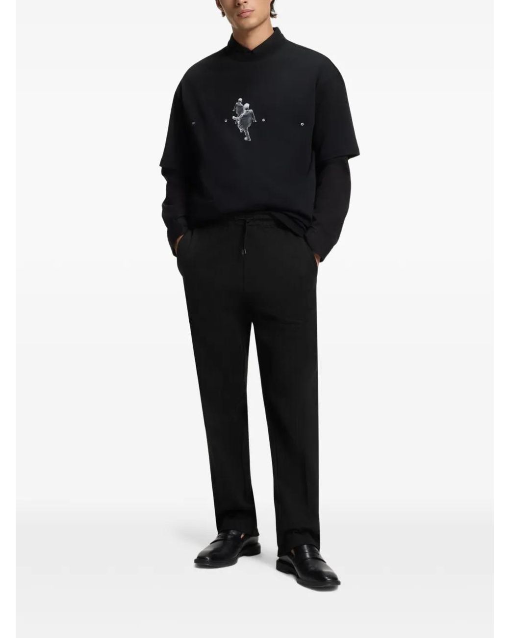HUGO Black Ribbed Logo Track Pants for men