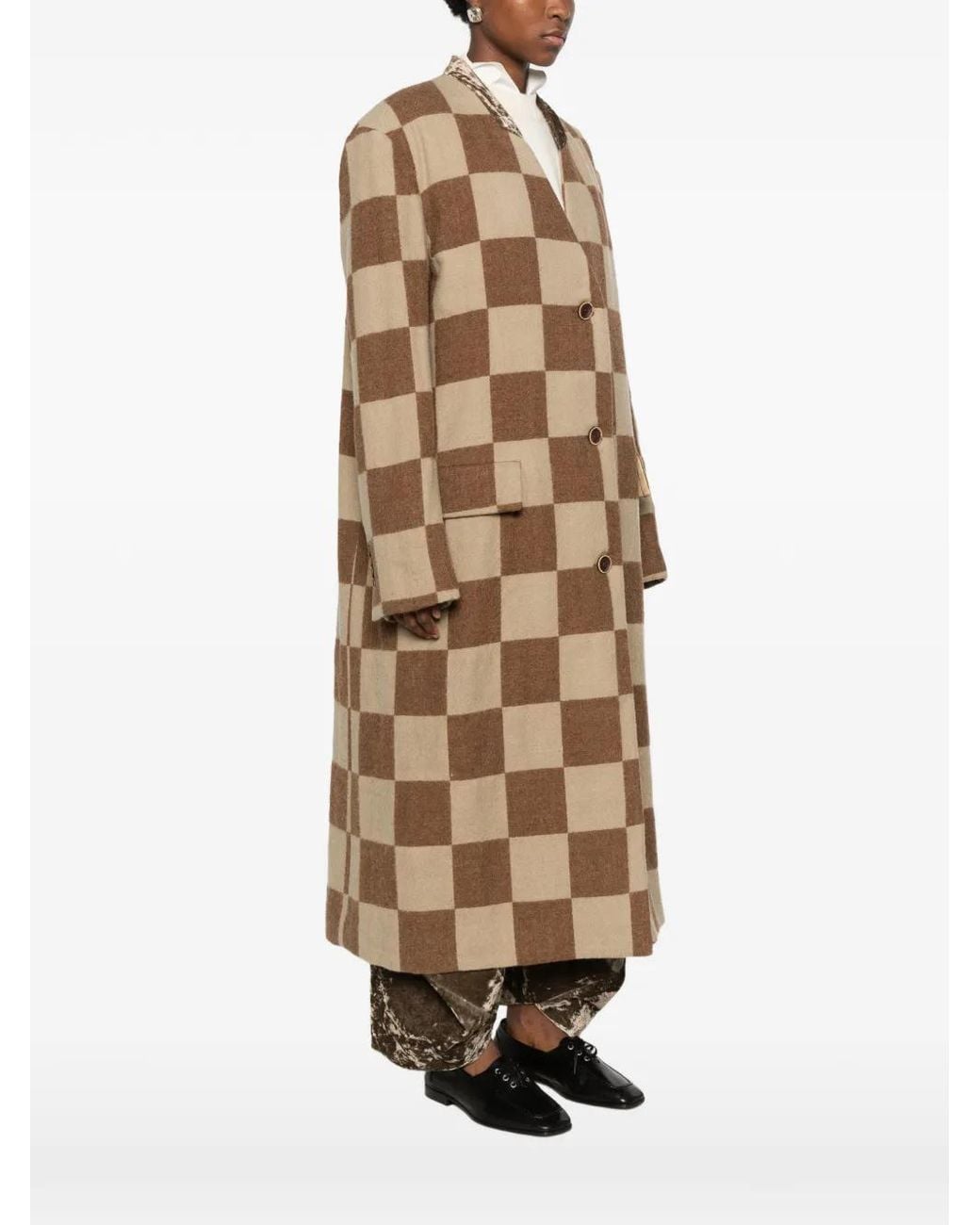 Uma Wang Pixel Checkerboard Frayed-Seam Coat in Natural | Lyst