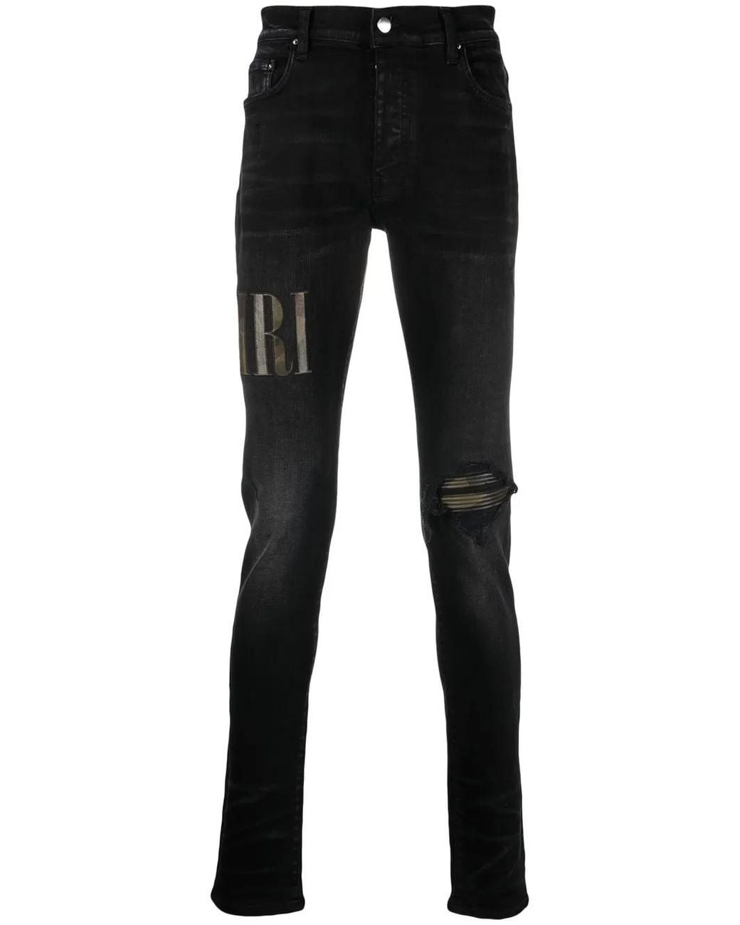 Amiri Black Logo-Appliqué Distressed Jeans for men