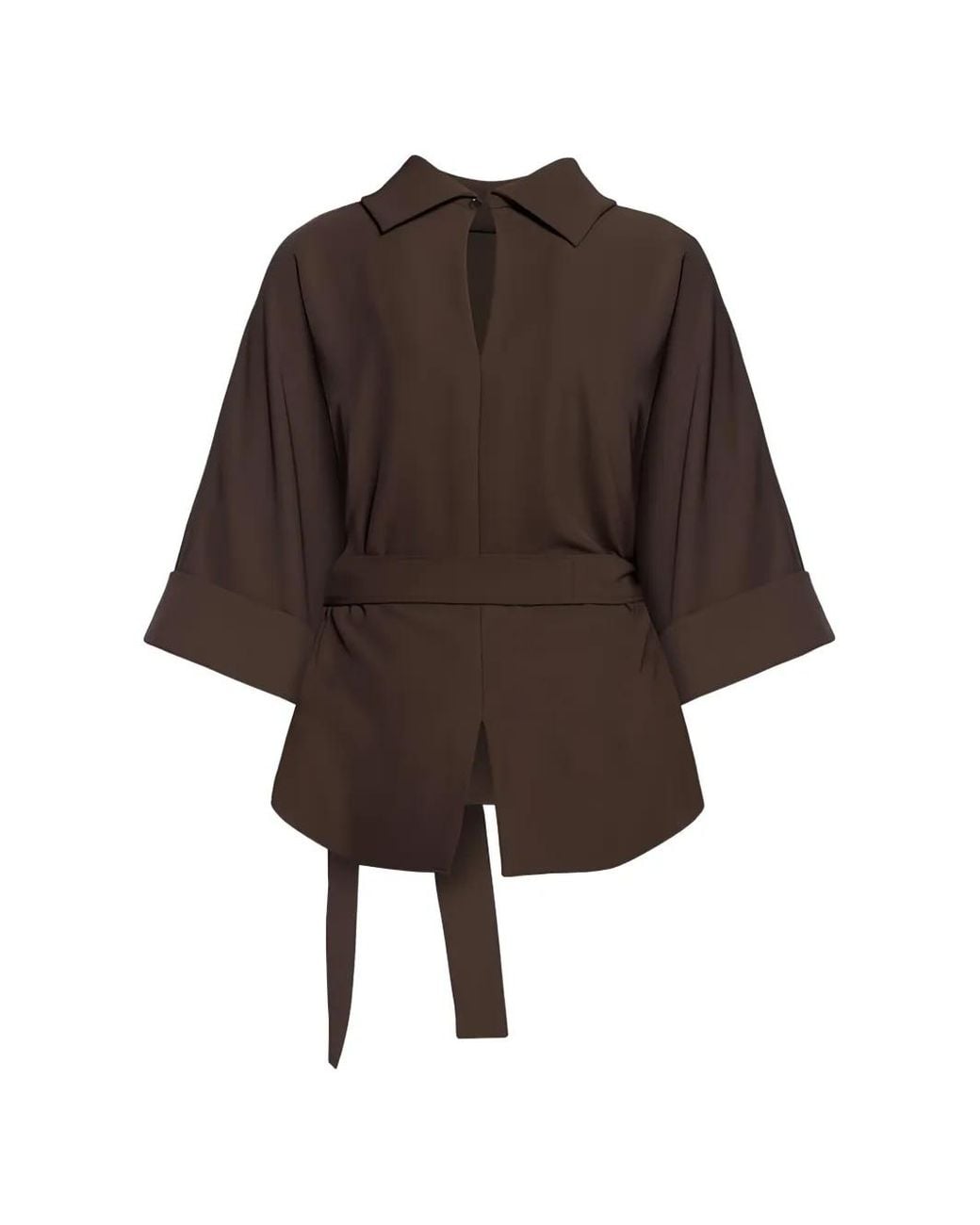 Vera Mont Brown Belted Short-Sleeved Blouse