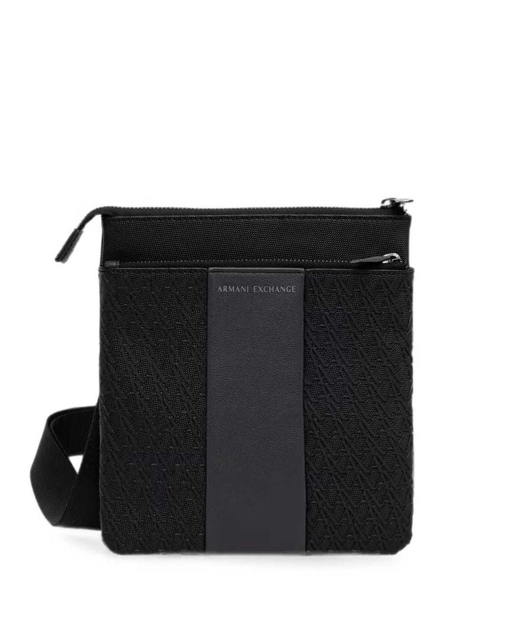 ARMANI EXCHANGE Black Monogram-Pattern Logo-Patch Messenger Bag for men