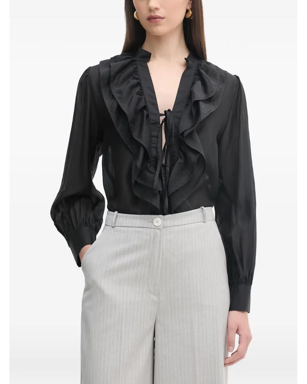 Haveone Black Ruffled Tie-Fastening Blouse
