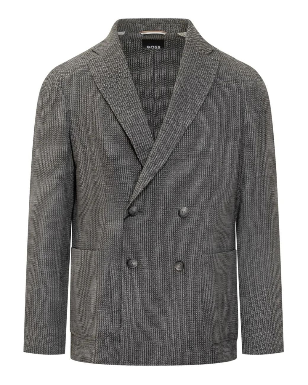 Boss Gray Double-Breasted Checked Blazer for men