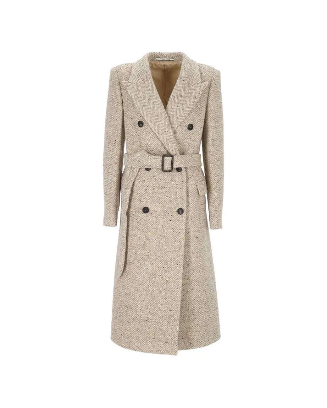 Tagliatore Natural Herringbone-Pattern Belted Coat