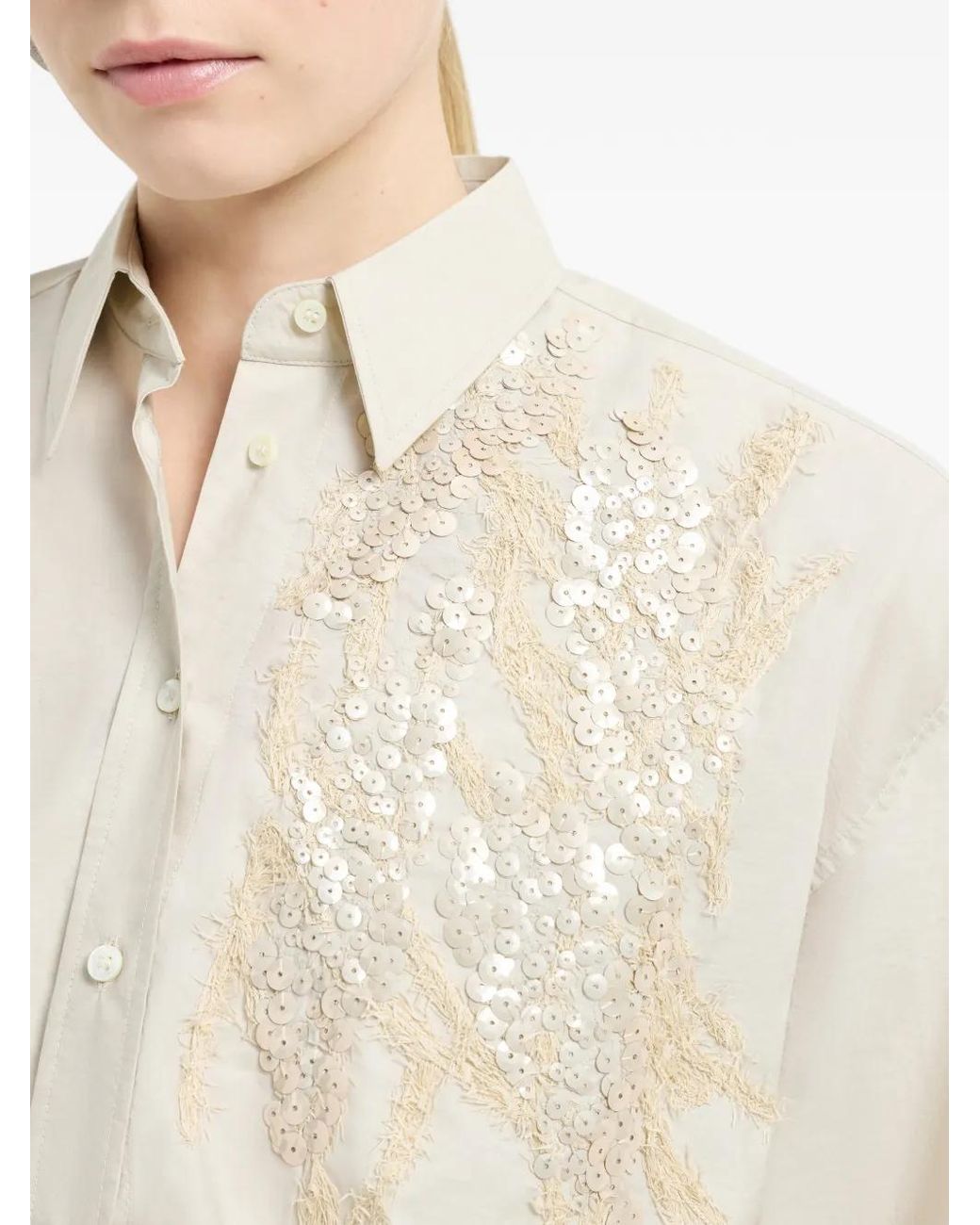Brunello Cucinelli White Techno Cotton Poplin Shirt With Dazzling Seabed Embroidery