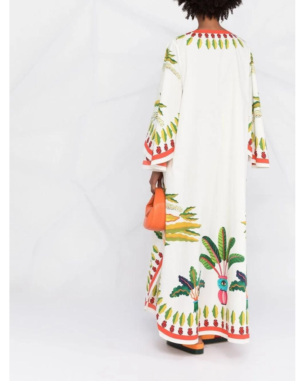 LaDoubleJ White Flying Palm Tree-Print Poplin Kaftan Dress