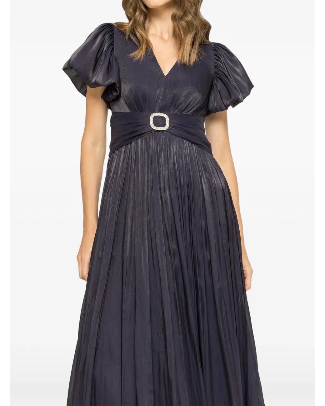 Nissa Blue Crystal Pleated Midi Dress