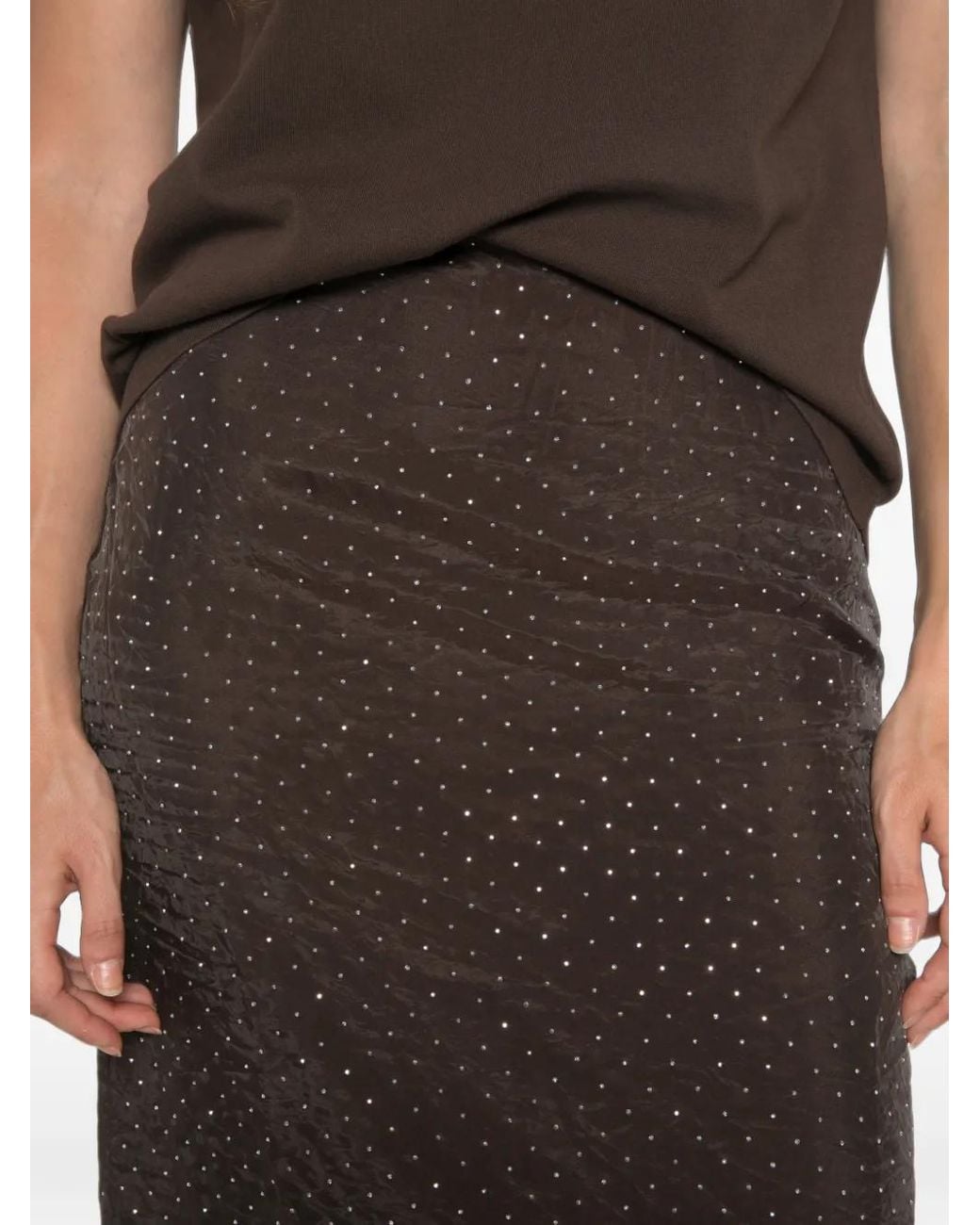 Maje Brown Rhinestone-Embellished Crinkled Midi Skirt
