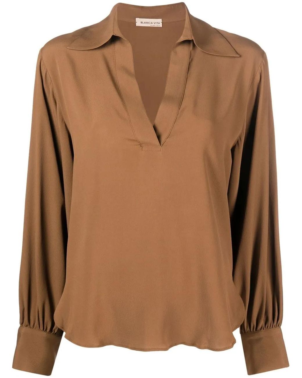 Blanca Vita Brown V-Neck Draped Blouse