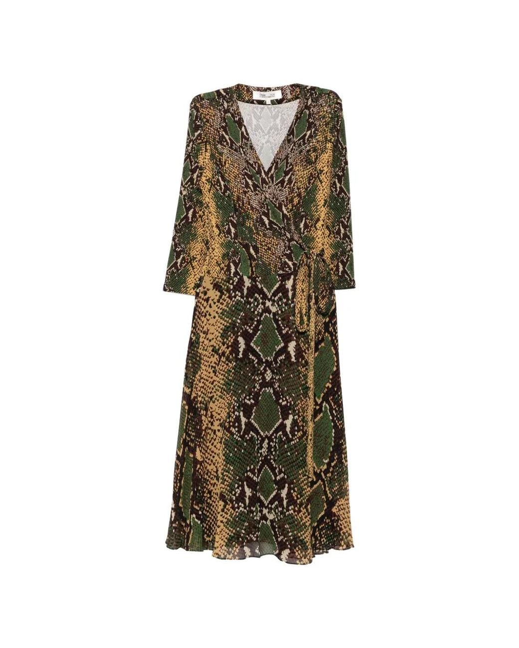 Diane von Furstenberg Green Irina Snake-Print Wrap Midi Dress