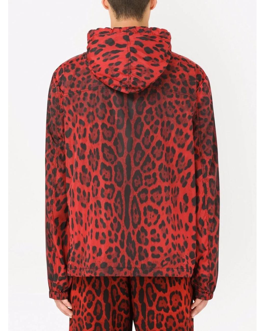 Dolce & Gabbana Red Leopard-Print Hooded Jacket for men