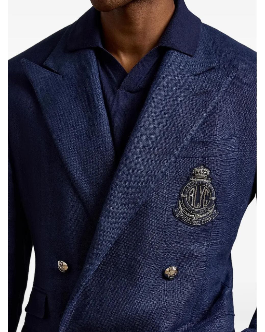 Ralph Lauren Blue Double-Breasted Crest-Embroidered Jacket for men
