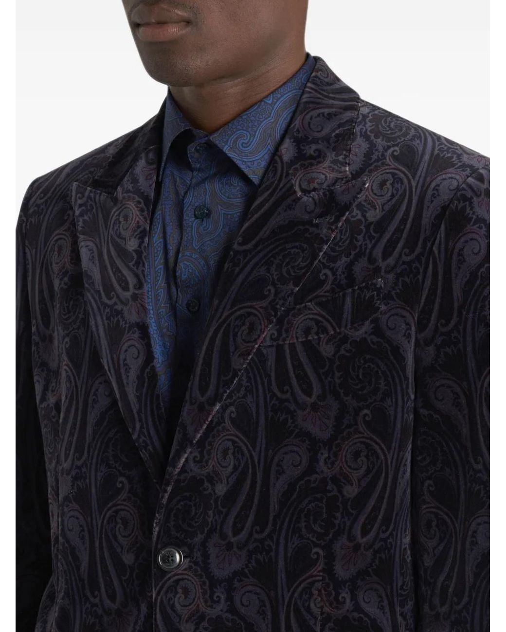 Etro Blue Single-Breasted Cotton Velvet Jacket With Paisley Overprint for men
