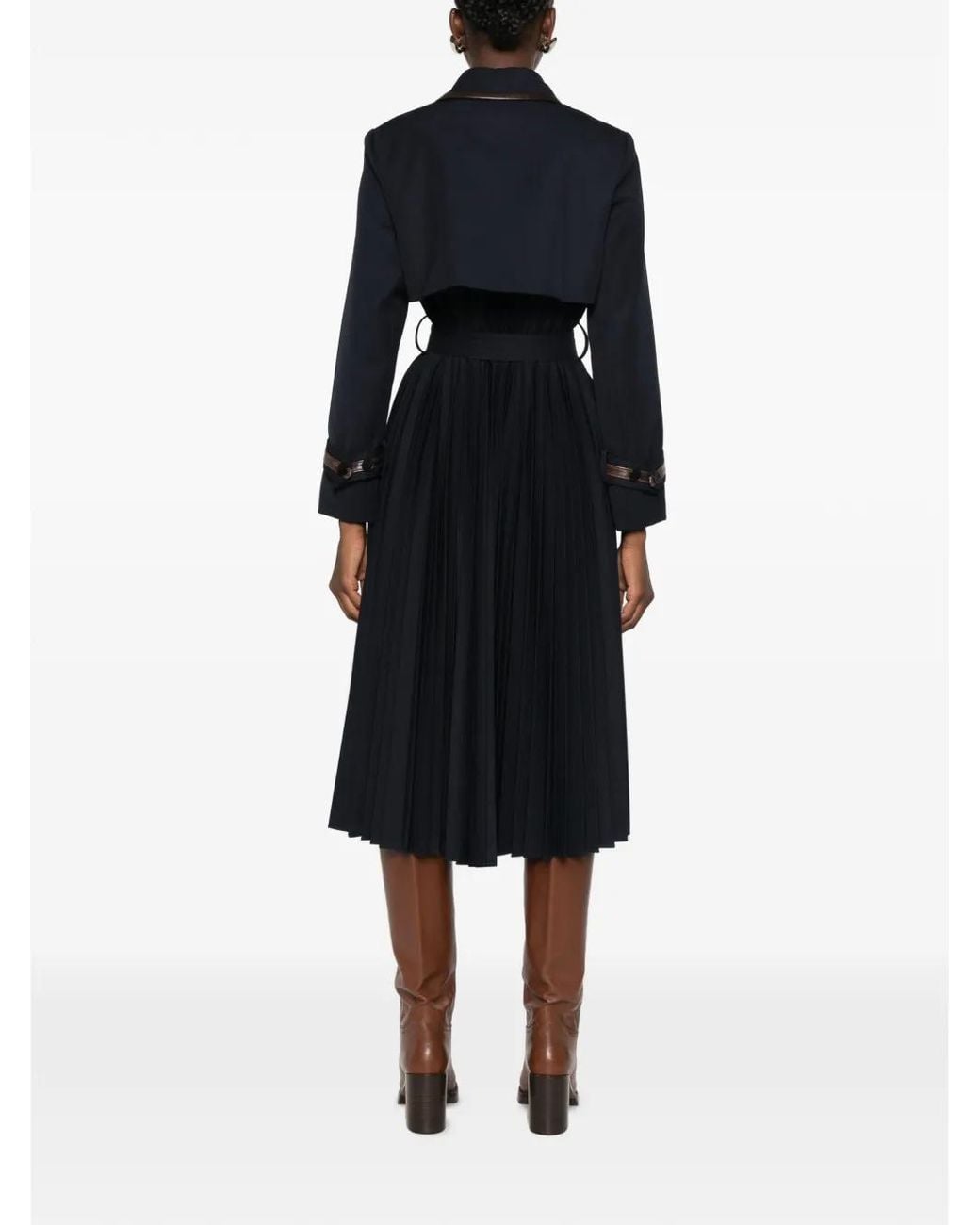 Sandro Black Pleated Trench Coat With Leather Collar