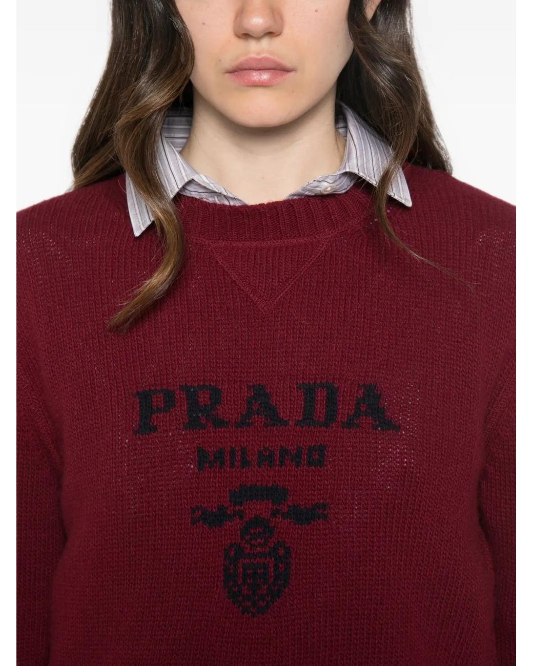 Prada Red Cashmere And Wool Logo Crew-Neck Sweater