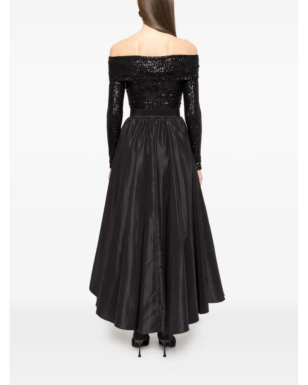 Nissa Black Sequin-Panel Taffeta Midi Dress