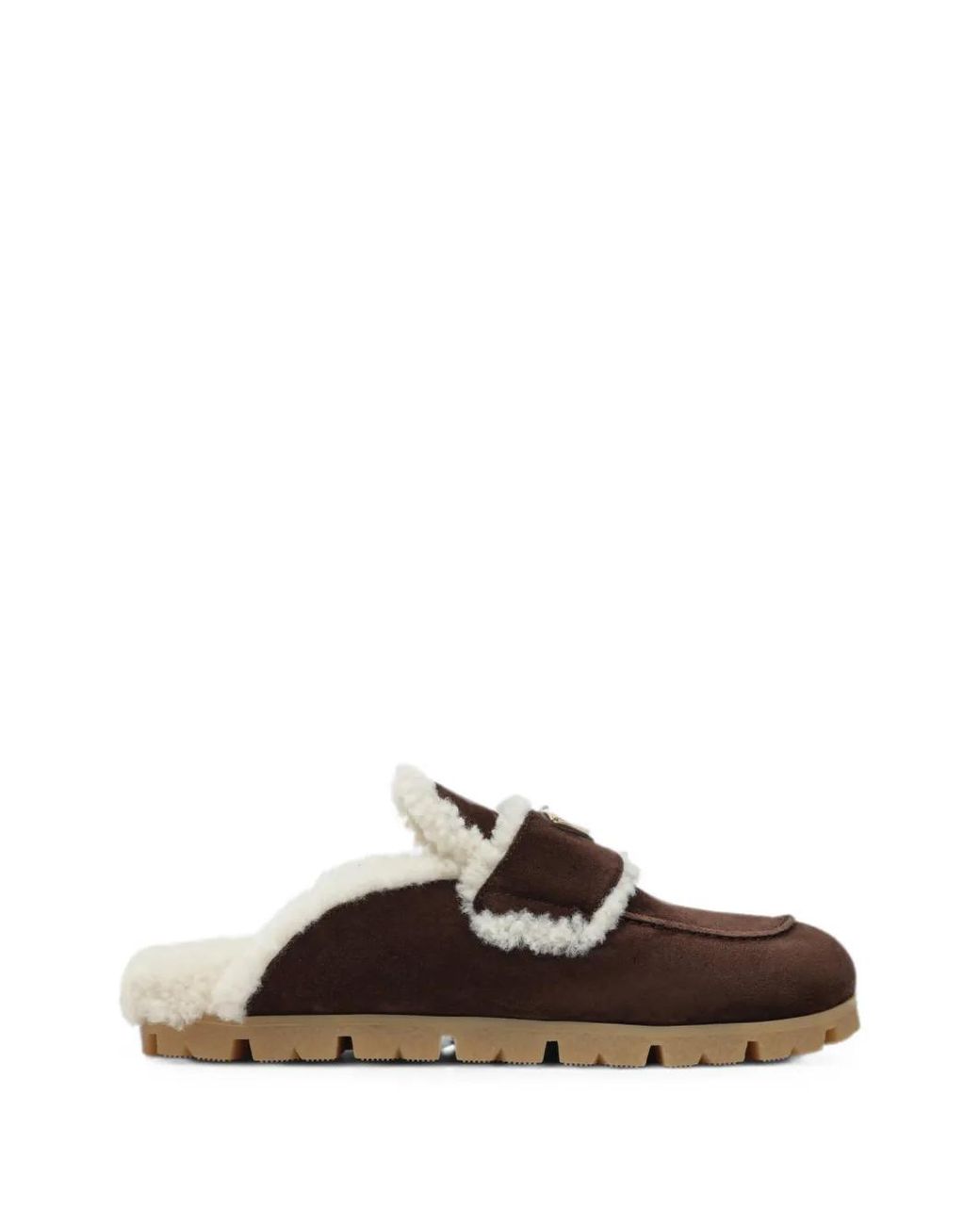 Prada Brown Shearling-Trim Logo-Plaque Mules