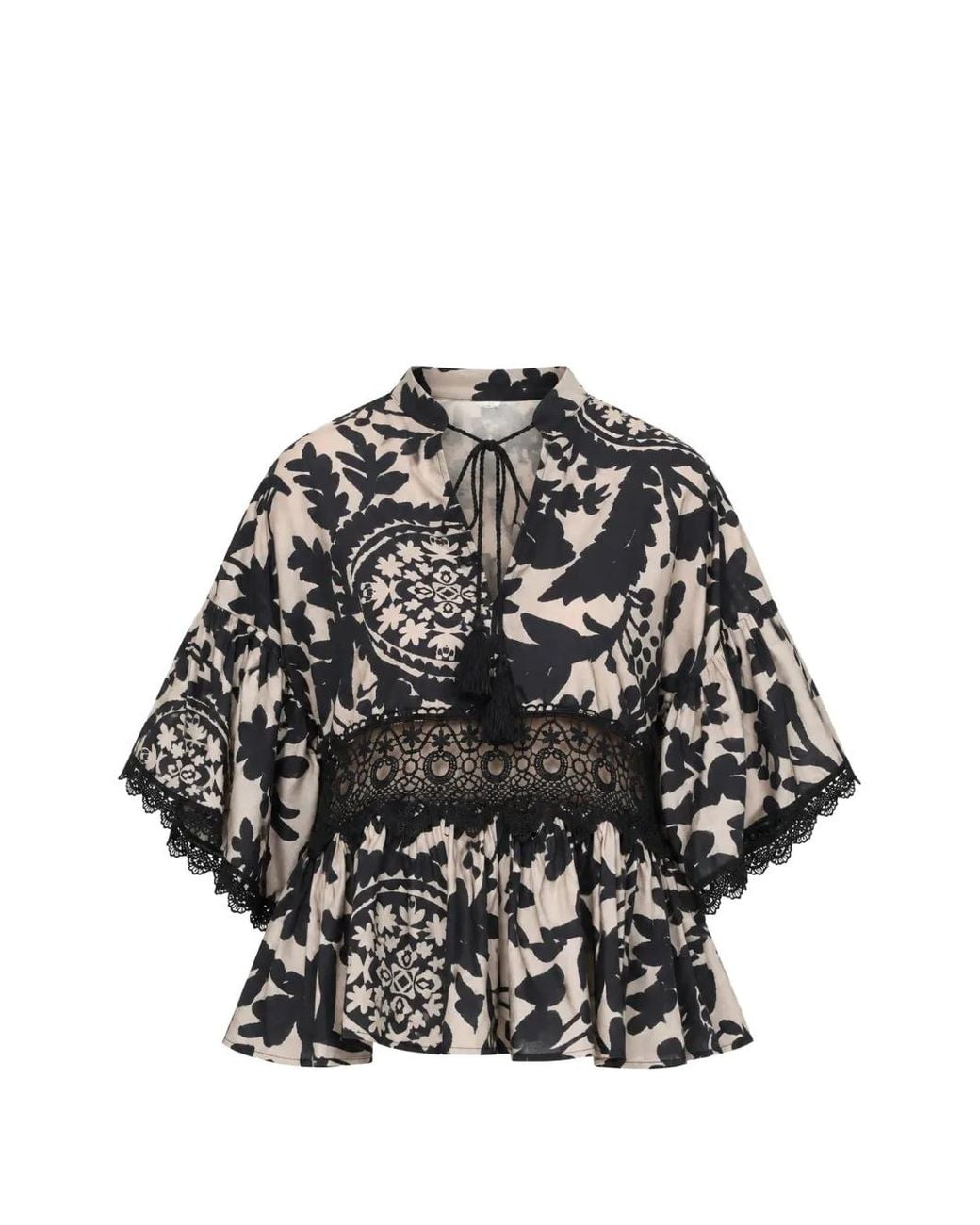 Kaos Gray Paisley-Print Lace-Panel Blouse