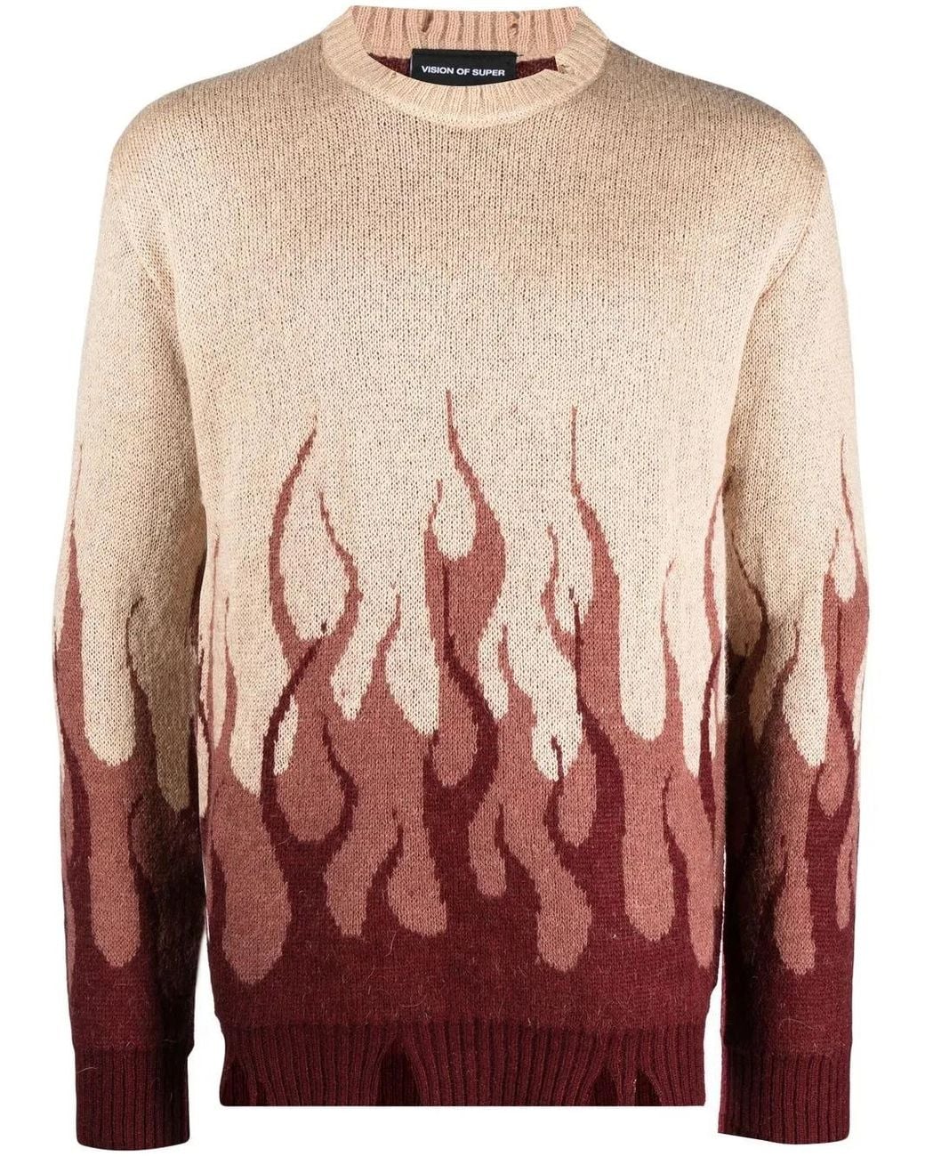Vision Of Super Red Flame-Print Distressed-Finish Jumper for men