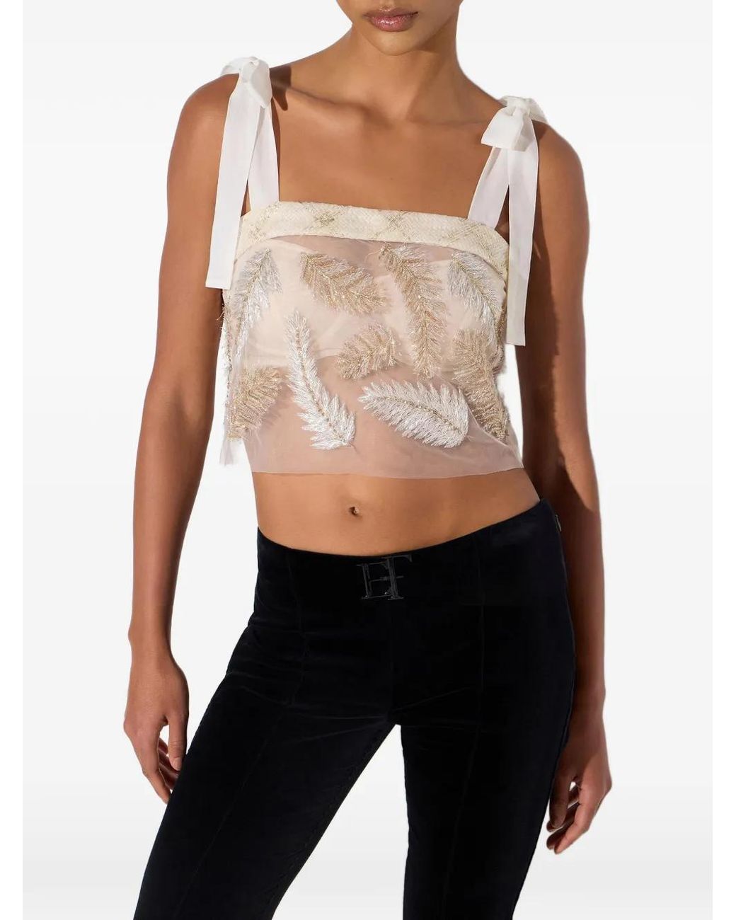 Elisabetta Franchi White Tulle And Tweed Top With Feathers