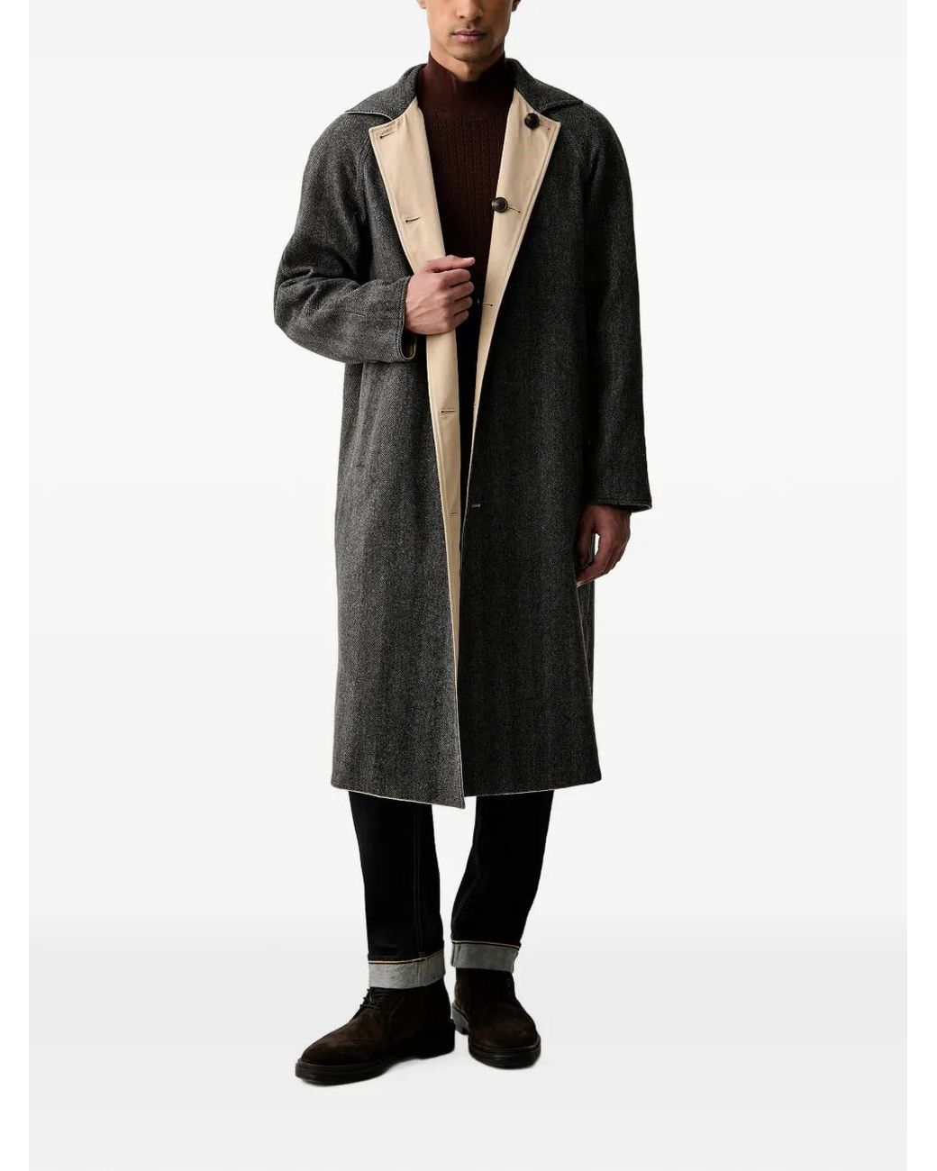 Trussardi Natural Reversible Herringbone-Pattern Coat for men