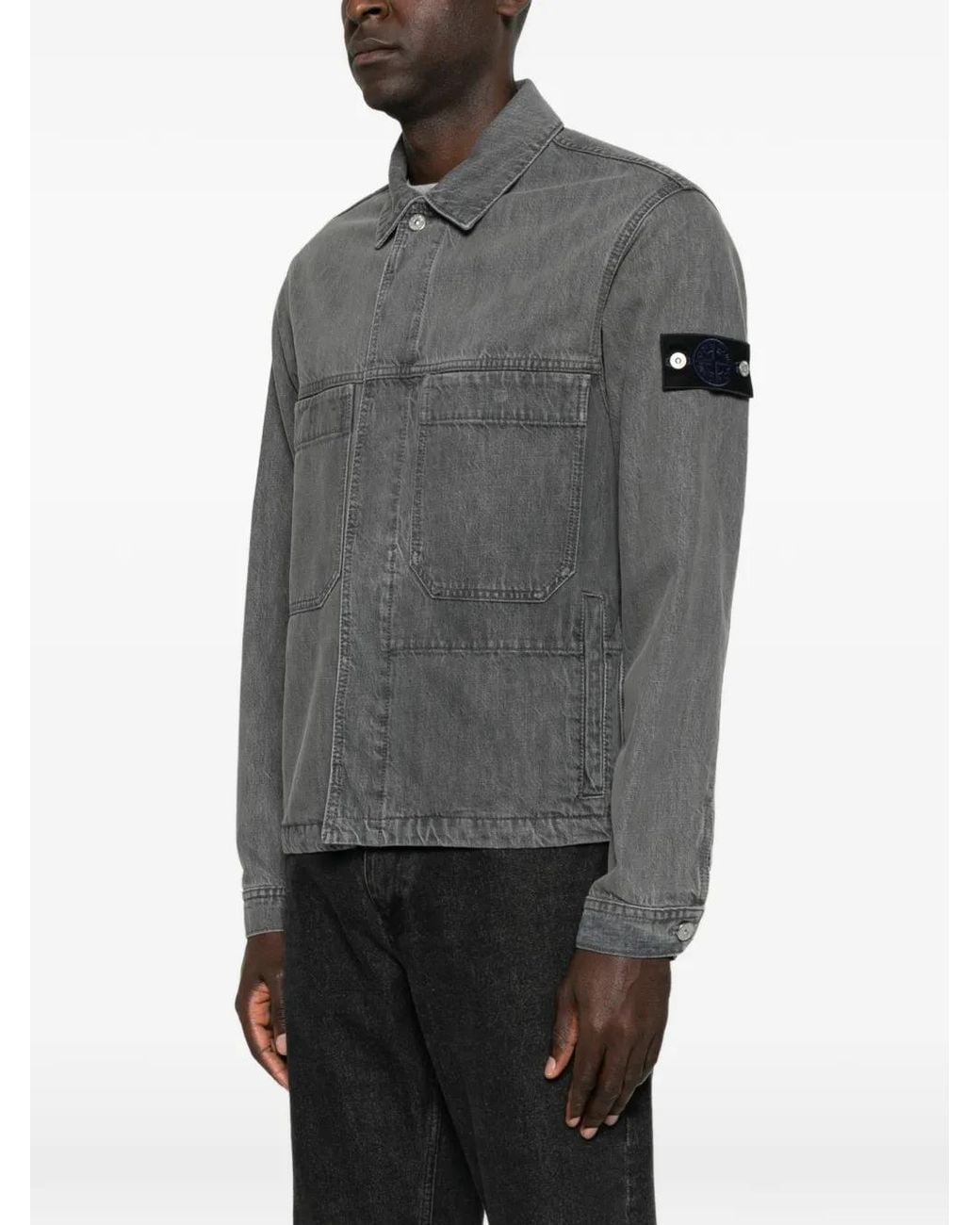 Stone Island Gray Logo-Patch Denim Jacket for men