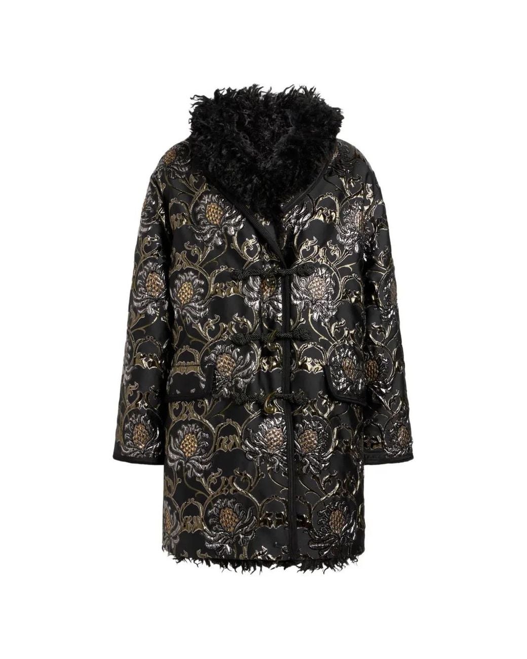 Etro Black Short Jacquard Coat With Belt And Faux-Fur