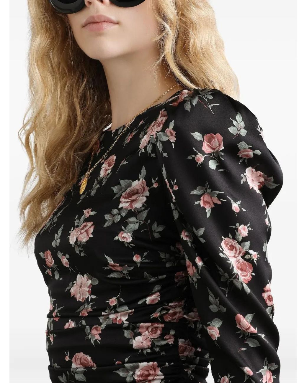 Dolce & Gabbana Black Vintage Rose-Print Draped Dress