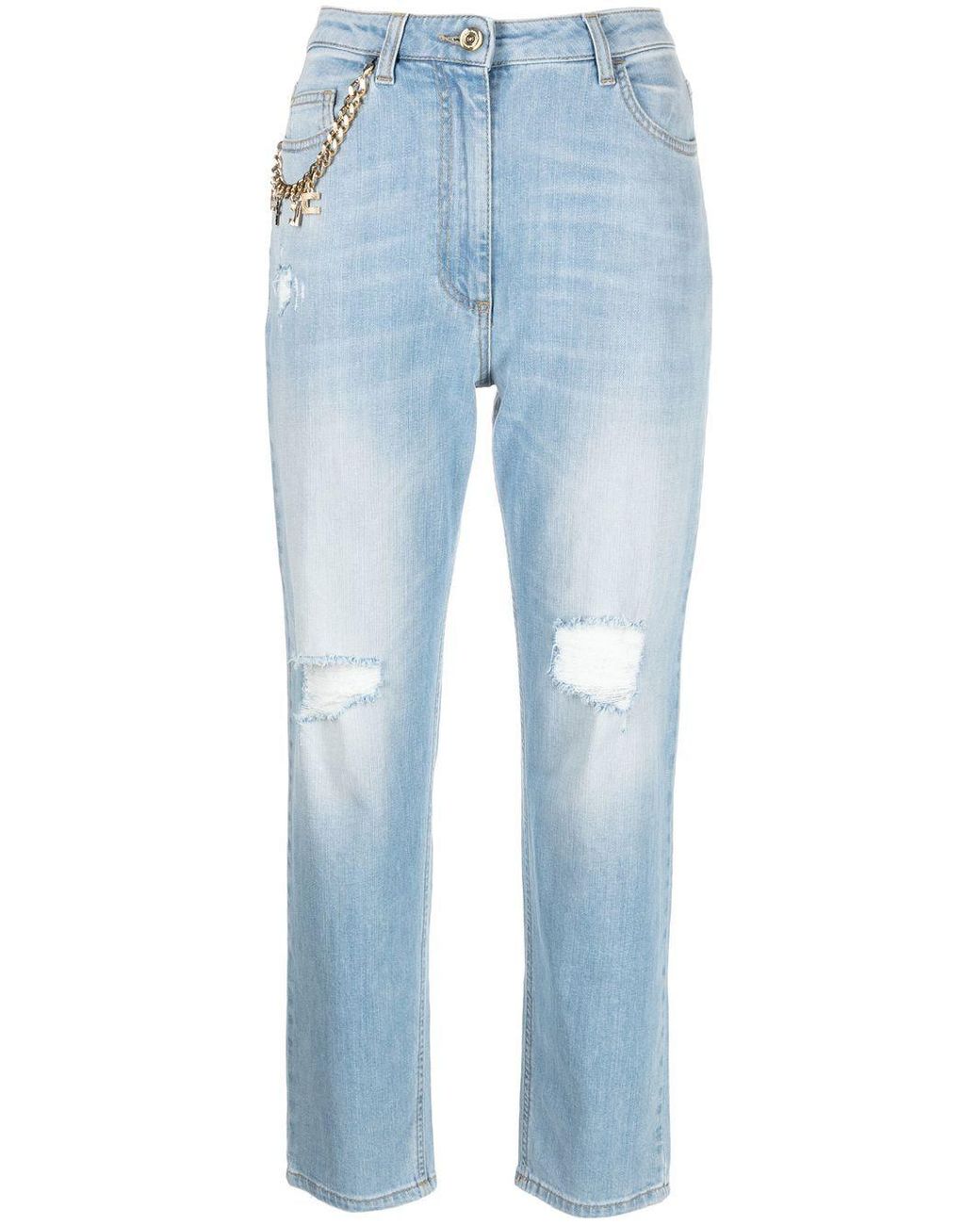 Elisabetta Franchi Chain-link Ripped Tapered Jeans in Blue | Lyst