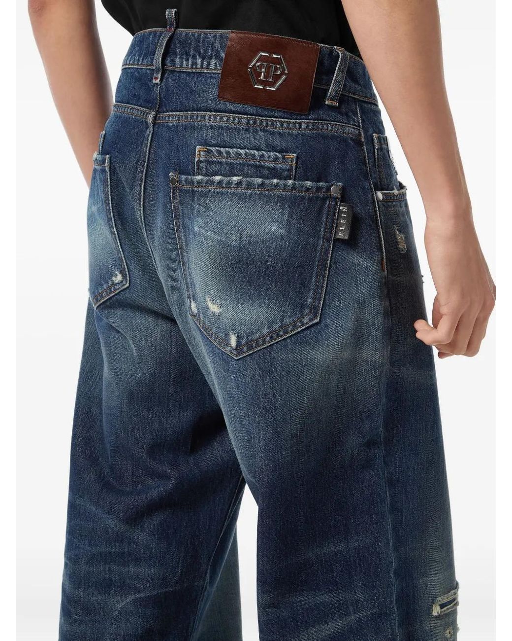 Philipp Plein Blue Distressed Logo-Plaque Jeans for men
