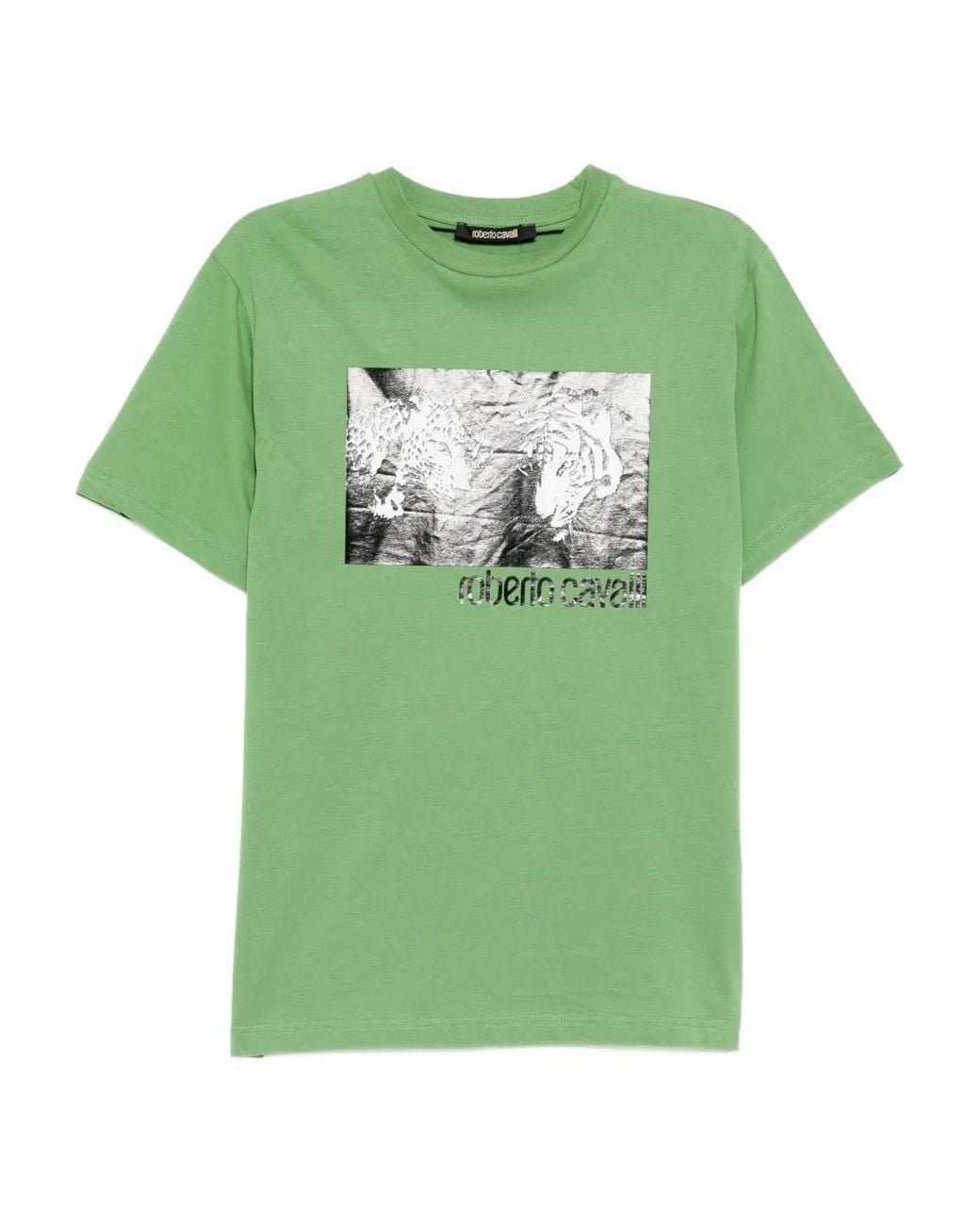 Roberto Cavalli Green Graphic-Print Cotton T-Shirt for men